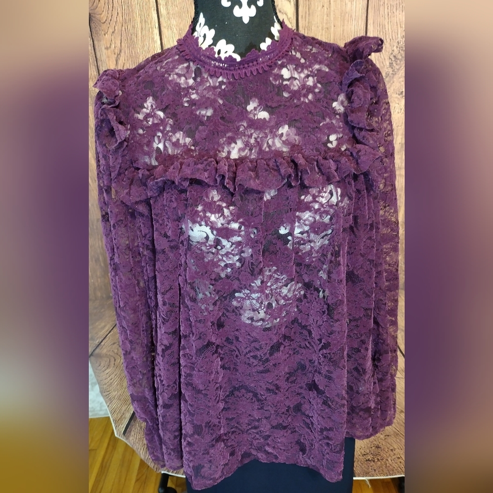 NWT Chrysanthemum Plum Lace Ruffle Mock Neck Blouse Size S